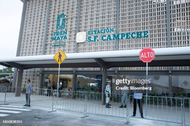 Security outside a train station at the inauguration of the Maya Train line in Campeche, Mexico, on Friday, Dec. 15, 2023. Mexican President AMLO's...