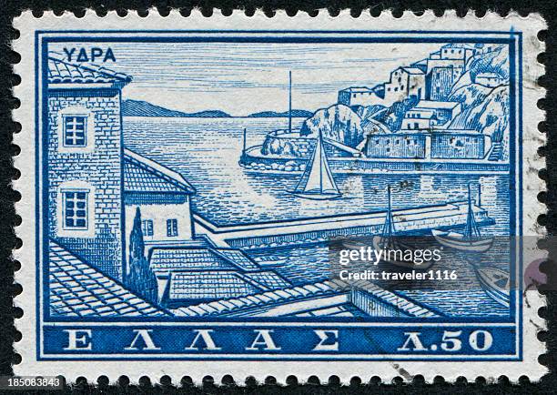 hydra island stamp - hydra greece fotos stockfoto's en -beelden
