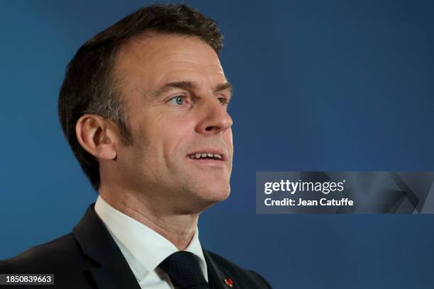 President of France Emmanuel Macron holds press conference following the European Council summit at Batiment Europa on December 15, 2023 in Brussels,...