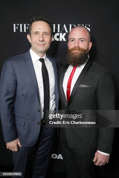 Writer/Producer Rick Alvarez and Director/Producer Michael Tiddes seen at Open Road Films Premiere of 'Fifty Shades of Black' at Regal L.A. Live on...