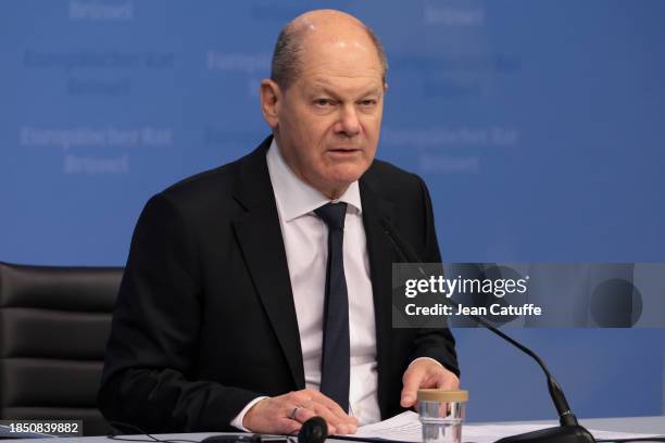 Chancellor of Germany Olaf Scholz holds press conference following the European Council summit at Batiment Europa on December 15, 2023 in Brussels,...