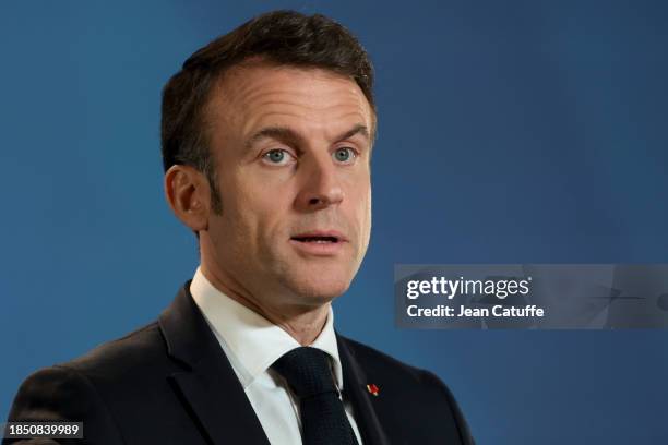 President of France Emmanuel Macron holds press conference following the European Council summit at Batiment Europa on December 15, 2023 in Brussels,...