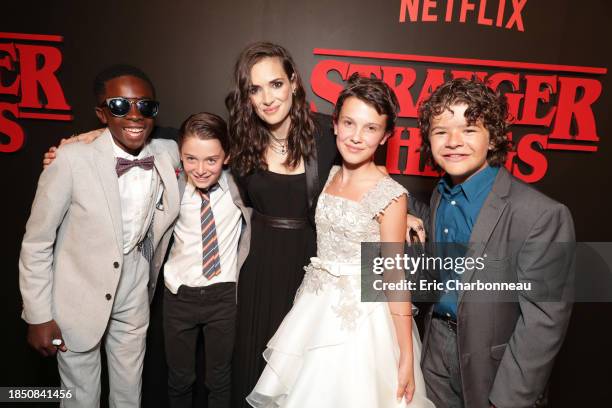 Caleb McLaughlin, Noah Schnapp, Winona Ryder, Millie Brown, Gaten Matarazzo seen at the red carpet premiere in support of the launch of the Netflix...