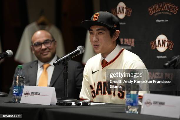 Jung Hoo Lee of the San Francisco Giants holds a press conference to introduce his contract with the San Francisco Giants on December 15, 2023 in San...