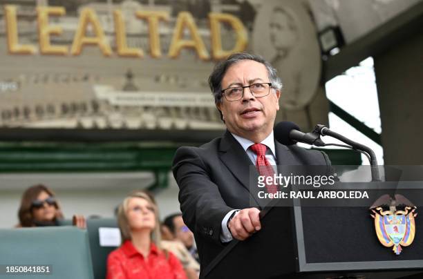 Colombian President Gustavo Petro delivers a speech during a military ceremony at the Jose Maria Cordova Military School in Bogota, on December 15,...