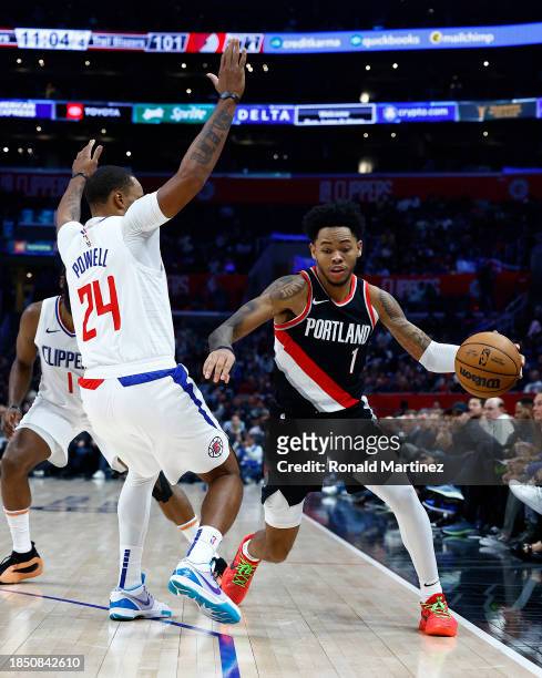 Anfernee Simons of the Portland Trail Blazers in the second half at Crypto.com Arena on December 11, 2023 in Los Angeles, California. NOTE TO USER:...