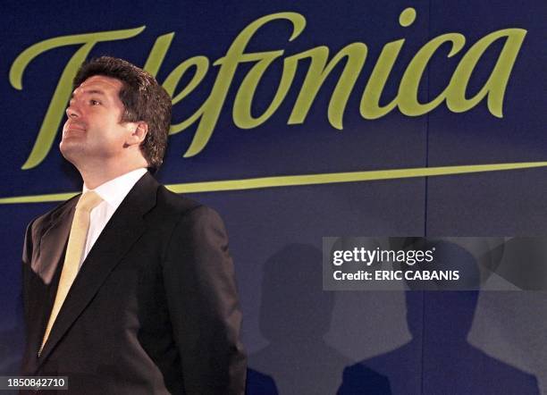 President of the Spanish telecommunications company Telefonica, Jaun Villalonga, attends a press conference. El Presidente de la Compania Espanola de...