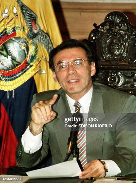 Ecuadoran President Jamil Mahuad speaks at press conference in Quito 18 March, where Mahuad announced that he has lifted the state of emergency after...