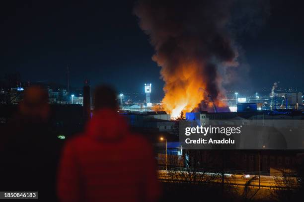 Smoke billows from a waste incinerator due to a large fire which allegedly was originated in the warehouse of flammable substances. On Jilemnickeho...