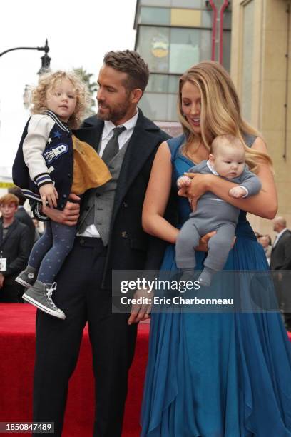 Ryan Reynolds and Blake Lively with daughters James Reynolds and Ines Reynolds attend the ceremony honoring Ryan Reynolds with a Star on the...