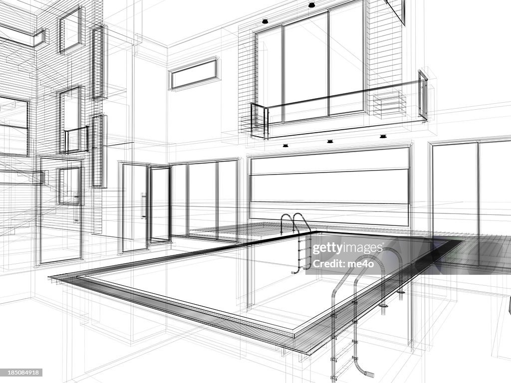 3d modern interior with swimming pool in wire frame layout