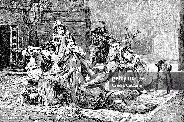 sewing the american flag - victorian illustration - crafting together stock illustrations