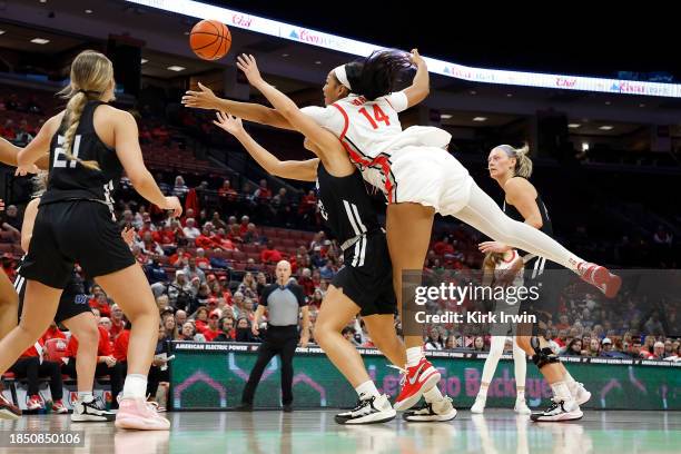 Taiyier Parks of the Ohio State Buckeyes and Ava Scanlon of the Grand Valley State Lakers battle for control of the ball during the second half of...