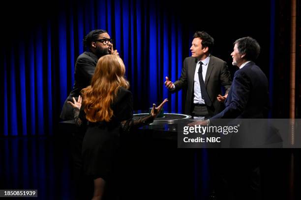 Episode 1892 -- Pictured: Ahmir "Questlove" Thompson, actress Jessica Chastain, host Jimmy Fallon, and filmmaker Ken Burns during Catchphrase on...