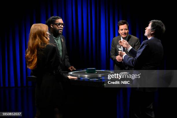 Episode 1892 -- Pictured: Actress Jessica Chastain, Ahmir "Questlove" Thompson, host Jimmy Fallon, and filmmaker Ken Burns during Catchphrase on...