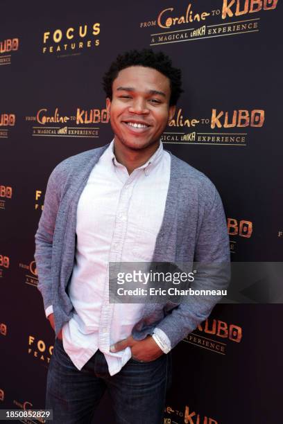 Robert Bailey Jr. Seen at Focus Features and LAIKA Grand Opening of "From Coraline to Kubo: A Magical LAIKA Experience" at The Globe Theatre on...