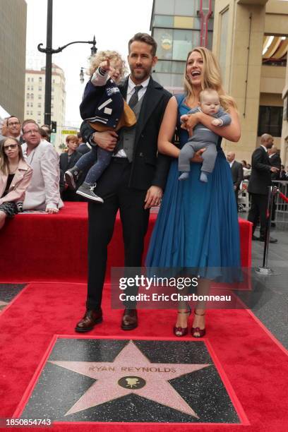 Ryan Reynolds and Blake Lively with daughters James Reynolds and Ines Reynolds attend the ceremony honoring Ryan Reynolds with a Star on the...