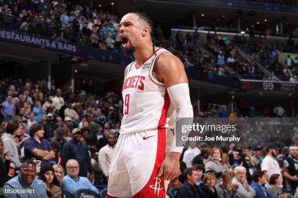 Dillon Brooks of the Houston Rockets celebrates during the game against the Memphis Grizzlies after the game against the Memphis Grizzlies on...