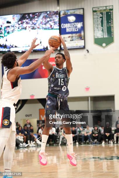 Elijah Hughes of the Wisconsin Herd three point basket during the game against the Grand Rapids Gold during an NBA G-League game on December 15, 2023...