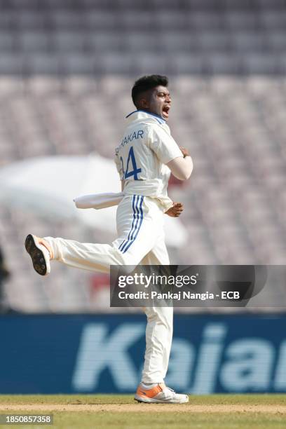 Pooja Vastrakar of India celebrates the wicket of Danielle Wyatt of England before being overturned by DRS review during day 3 of the Test match...