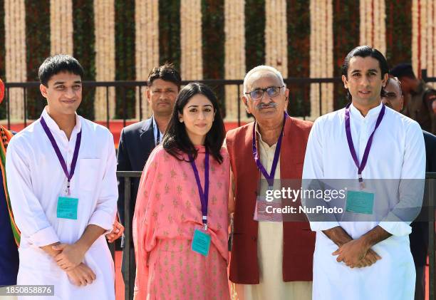 Lakshraj Singh, Gauravi Kumari, and Maharaja Padmanabh Singh, the children of Rajasthan Deputy CM-designate Diya Kumari, are attending the...