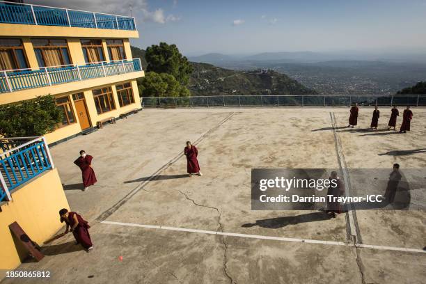 Novice Monks play cricket at Kirti Monastery on October 18, 2023 in Dharamsala, India. McLeodganj is a suburb of Dharamshala in Kangra district,...