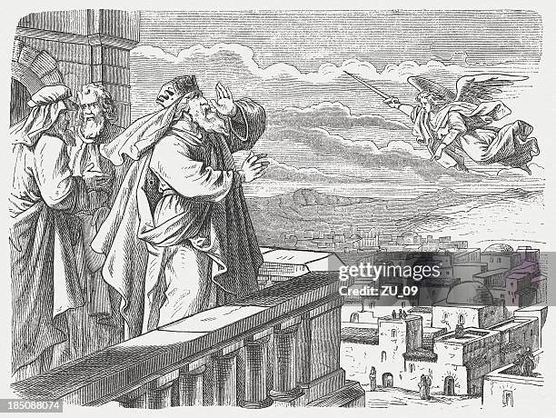 david sees the angel of pestilence - david and goliath stock illustrations