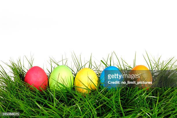 five colorful easter eggs lying in lush grass - easter egg stock pictures, royalty-free photos & images