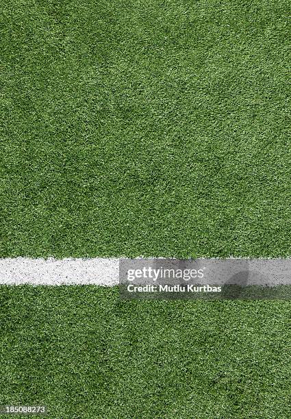 a close-up of a white line on a soccer field - football field stockfoto's en -beelden