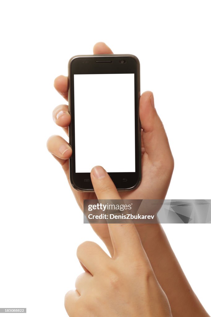 A person holding a smart phone on a white background