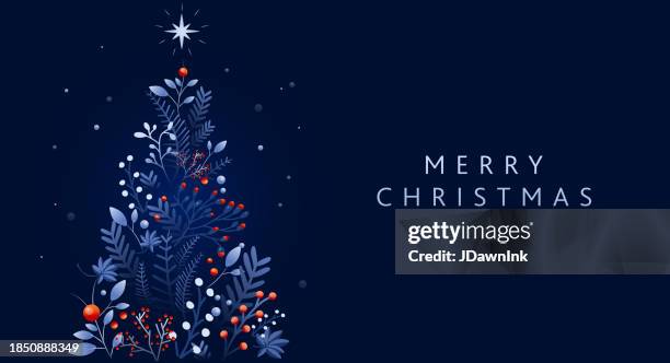 ilustraciones, imágenes clip art, dibujos animados e iconos de stock de plantilla de diseño de tarjeta de felicitación de feliz navidad en azul oscuro con forma de árbol de navidad hecha de ramas y flores dibujadas a mano - navidad