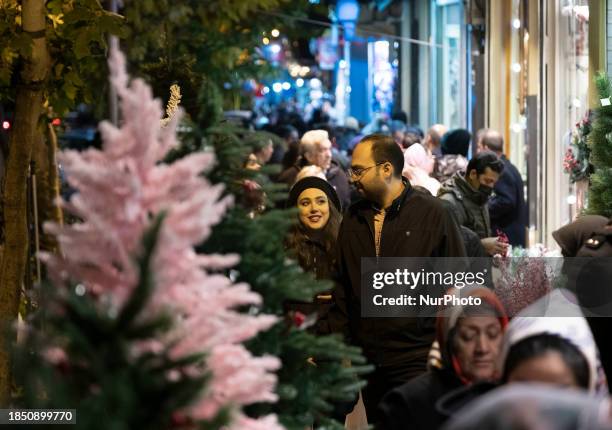 An Iranian couple is walking past Christmas trees placed along a street-side while shopping for Christmas in downtown Tehran, Iran, on December 15,...