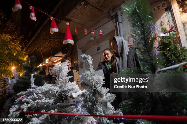 Iranian women are looking at Christmas trees placed along a street-side while shopping for Christmas in downtown Tehran, Iran, on December 15, 2023....