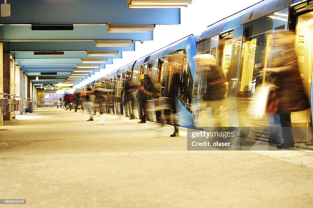 Exiting subway train