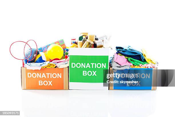 donation boxes. - donation box white background stock pictures, royalty-free photos & images