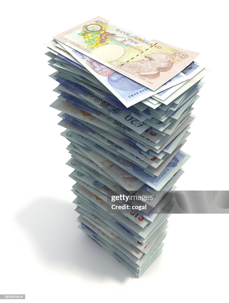 Stack of British pounds isolated on a white background