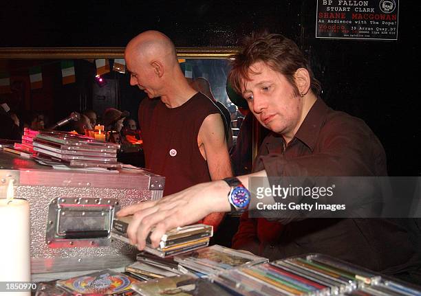 Irish Trad Singer Shane MacGowan DJ and BP Fallon attend "Death Disco" in Voodoo Bar March 14, 2003 in Dublin, Ireland.