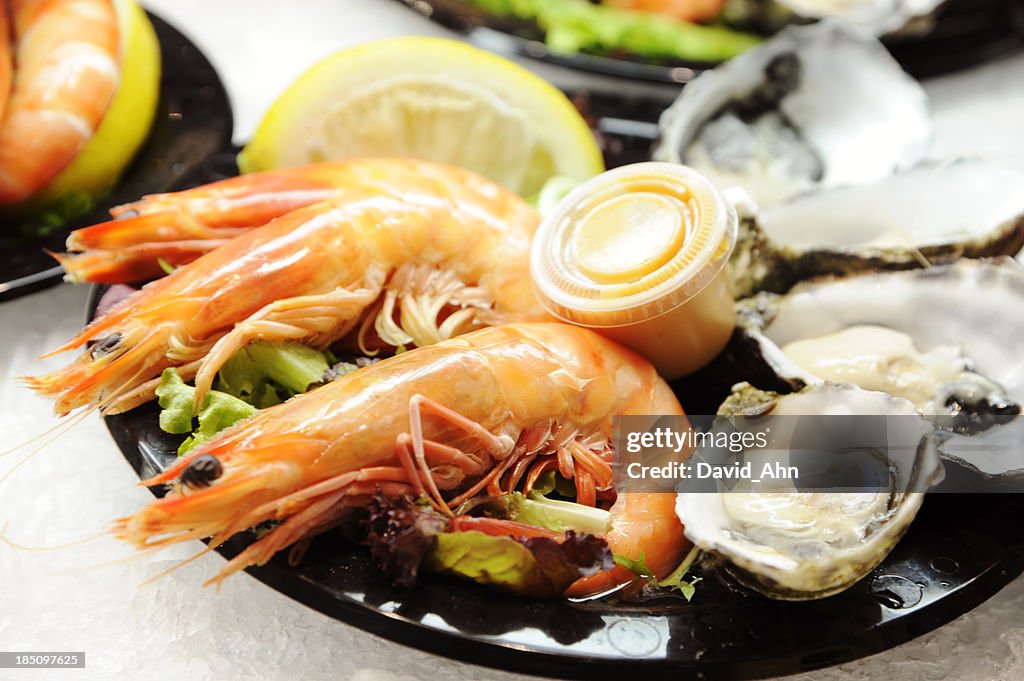 Fresh prawns and rock oysters