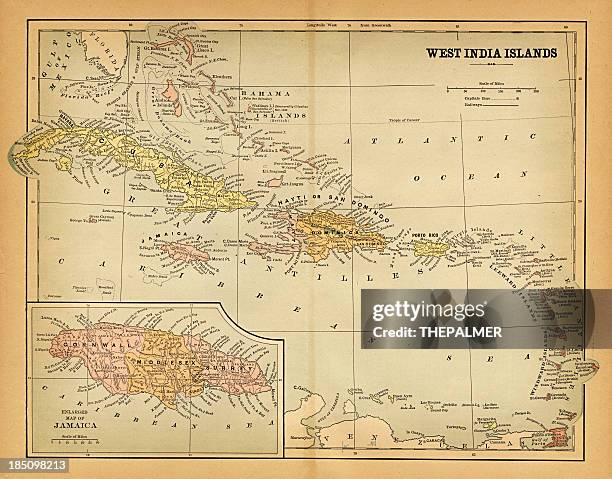 west indies map 1883 - caribbean sea stock illustrations
