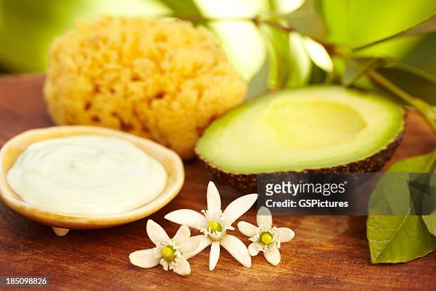 spa still life with avocado mud mask in a bowl - avacado oil stock pictures, royalty-free photos & images