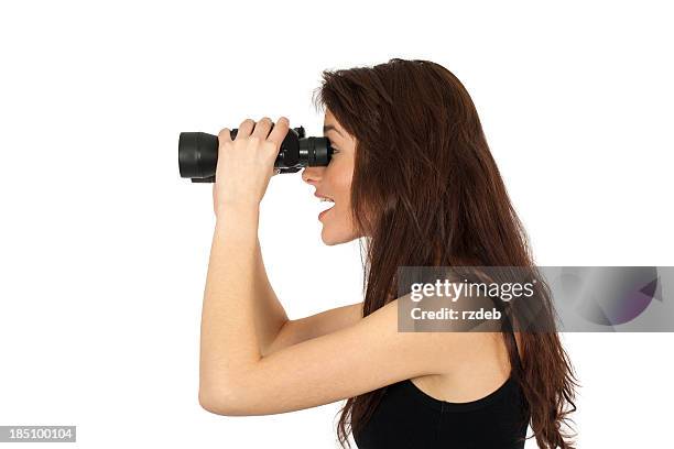 woman with binoculars - searching - binoculars isolated stock pictures, royalty-free photos & images