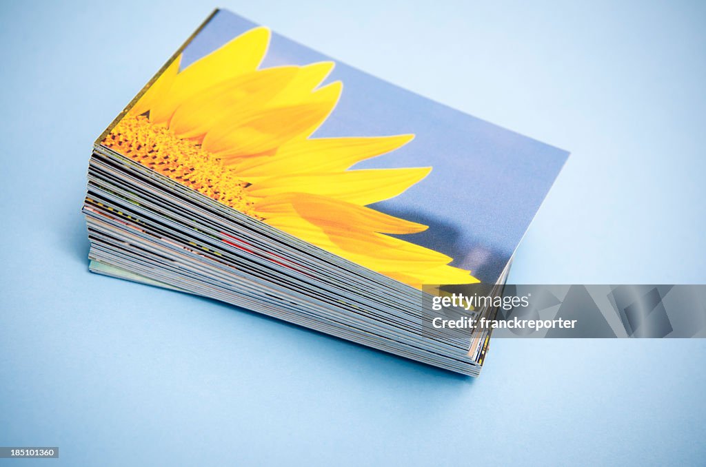 Stack of printed colorful images about spring sunflower