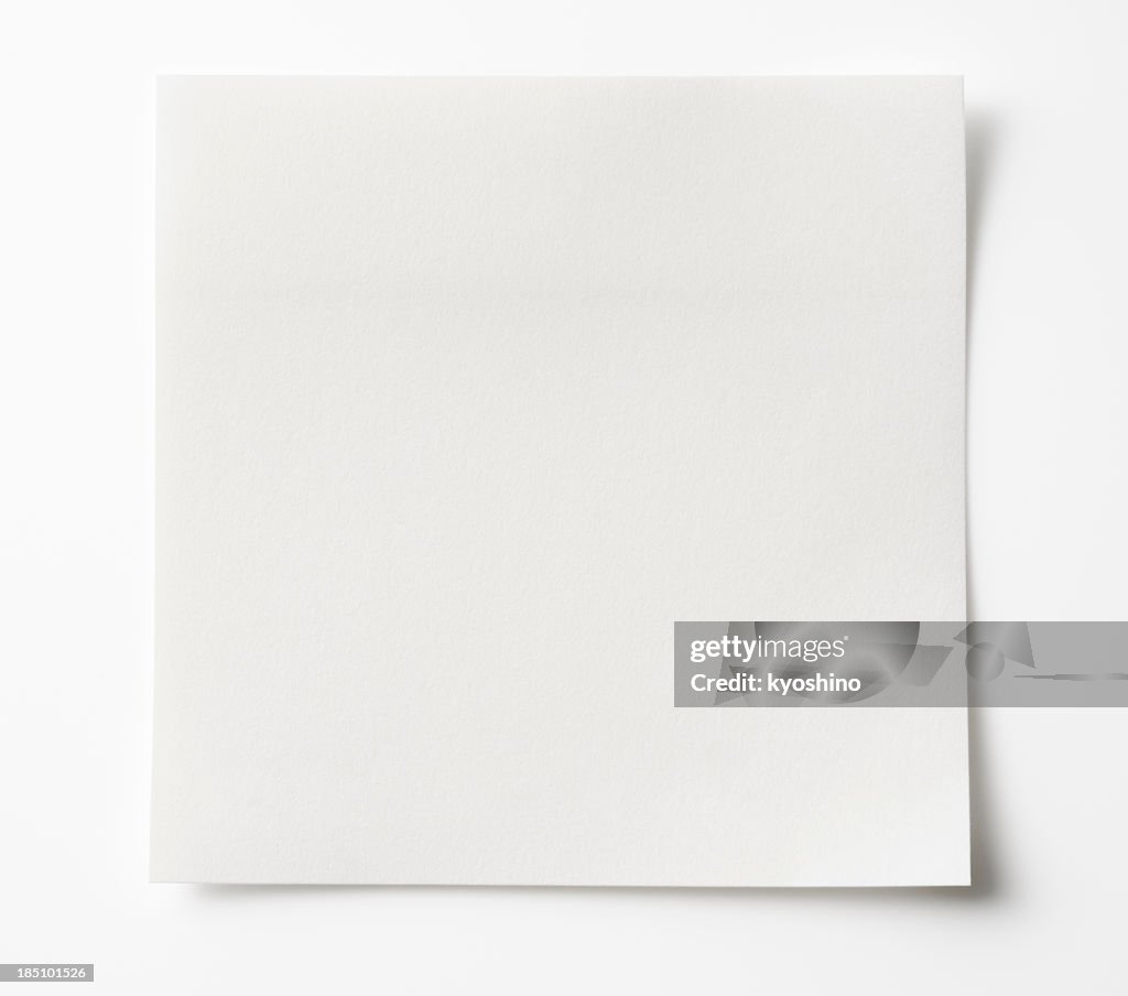 Isolated shot of blank white sticky note on white background.