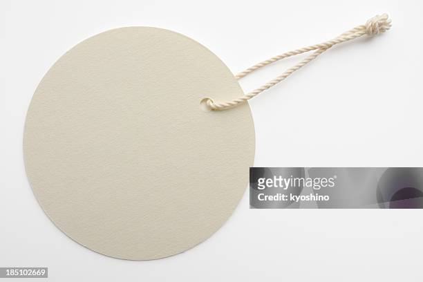isolated shot of blank white round tag on white background - presentetikett bildbanksfoton och bilder