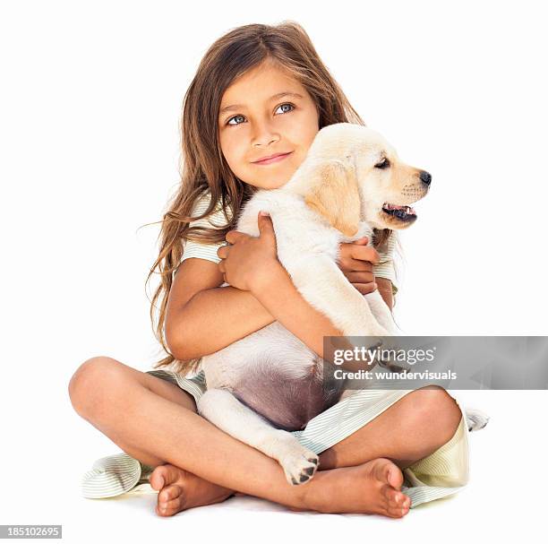 niña que enaltece su mascota - happy dog on white fotografías e imágenes de stock