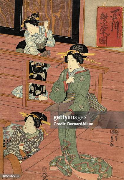traditional japanese woodblock of a women in room - oriental style woodblock art stock illustrations