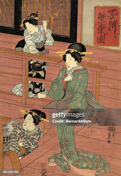 traditional japanese woodblock of a women in room - screen partition stock illustrations