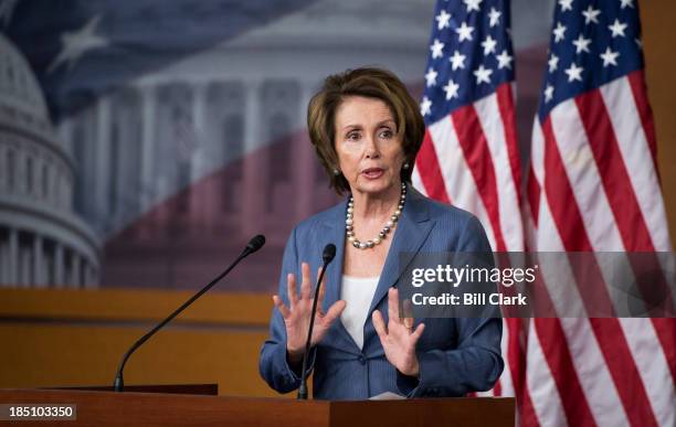 House Minority Leader Nancy Pelosi, D-Calif., holds her weekly on camera news conference in the Capitol on Thursday, Oct. 17, 2013.