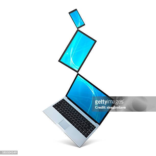 tech trio: laptop, smartphone, tablet - digital tablet isolated stock pictures, royalty-free photos & images