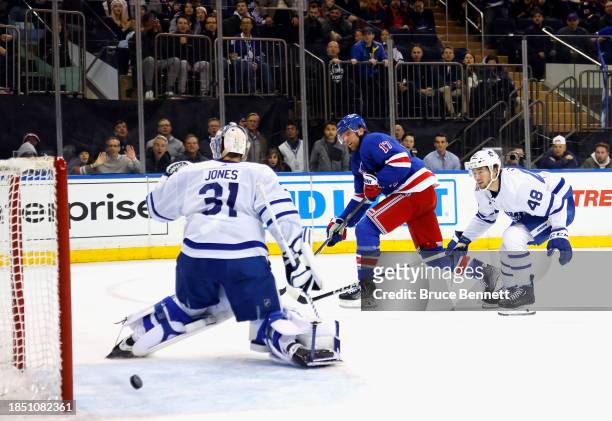 Blake Wheeler of the New York Rangers scores a second period goal against Martin Jones of the Toronto Maple Leafs at Madison Square Garden on...